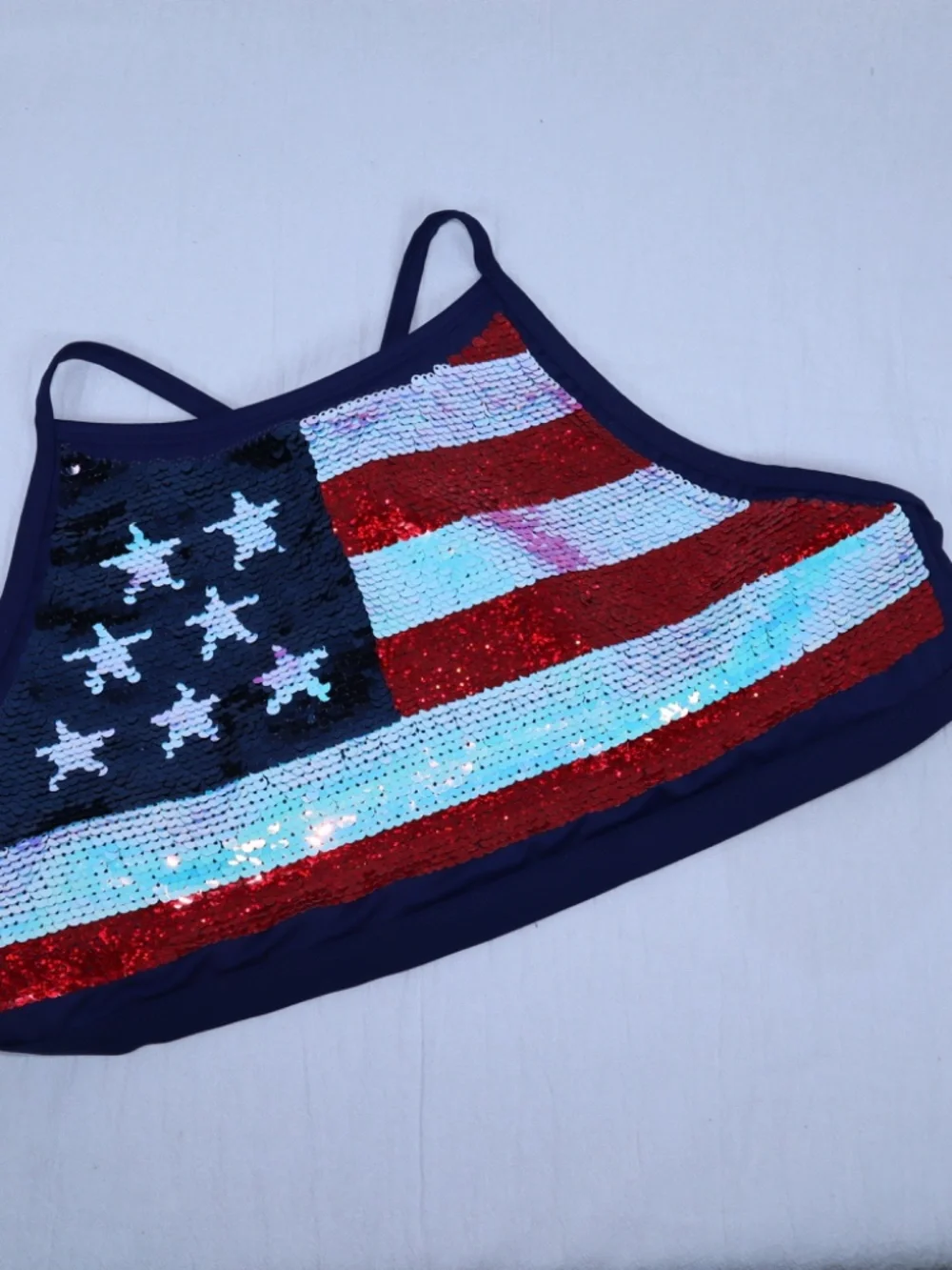 Justice Kid's Size 20 plus American Flag Flip Sequins Swim Top Red/White/Blue